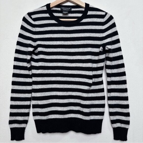 Lord And Taylor Womens Small Cashmere Black and White Striped Sweater - Picture 3 of 10